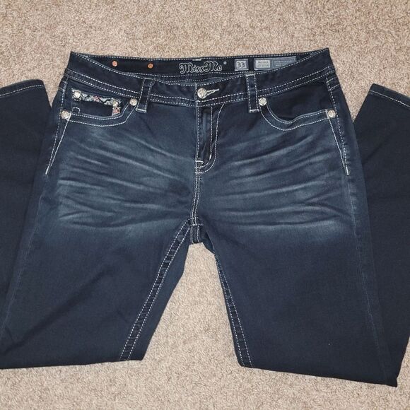 Miss Me Mid-Rise Easy Skinny Dark Blue Jeans w/ Embellished Pockets Size 33 x 31 - Picture 7 of 13